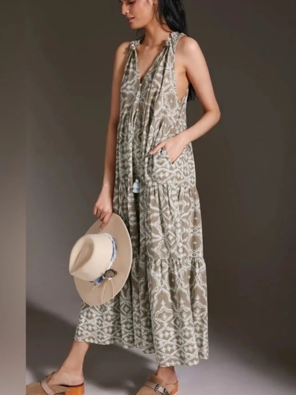 Omika Anthropologie Floral Ruffled Tunic Maxi Dress Sleeveless Tassels green